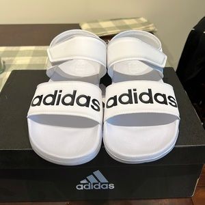 adidas Unisex Adilette Sandal Sneaker, White/Core Black, US M 9/US W 10